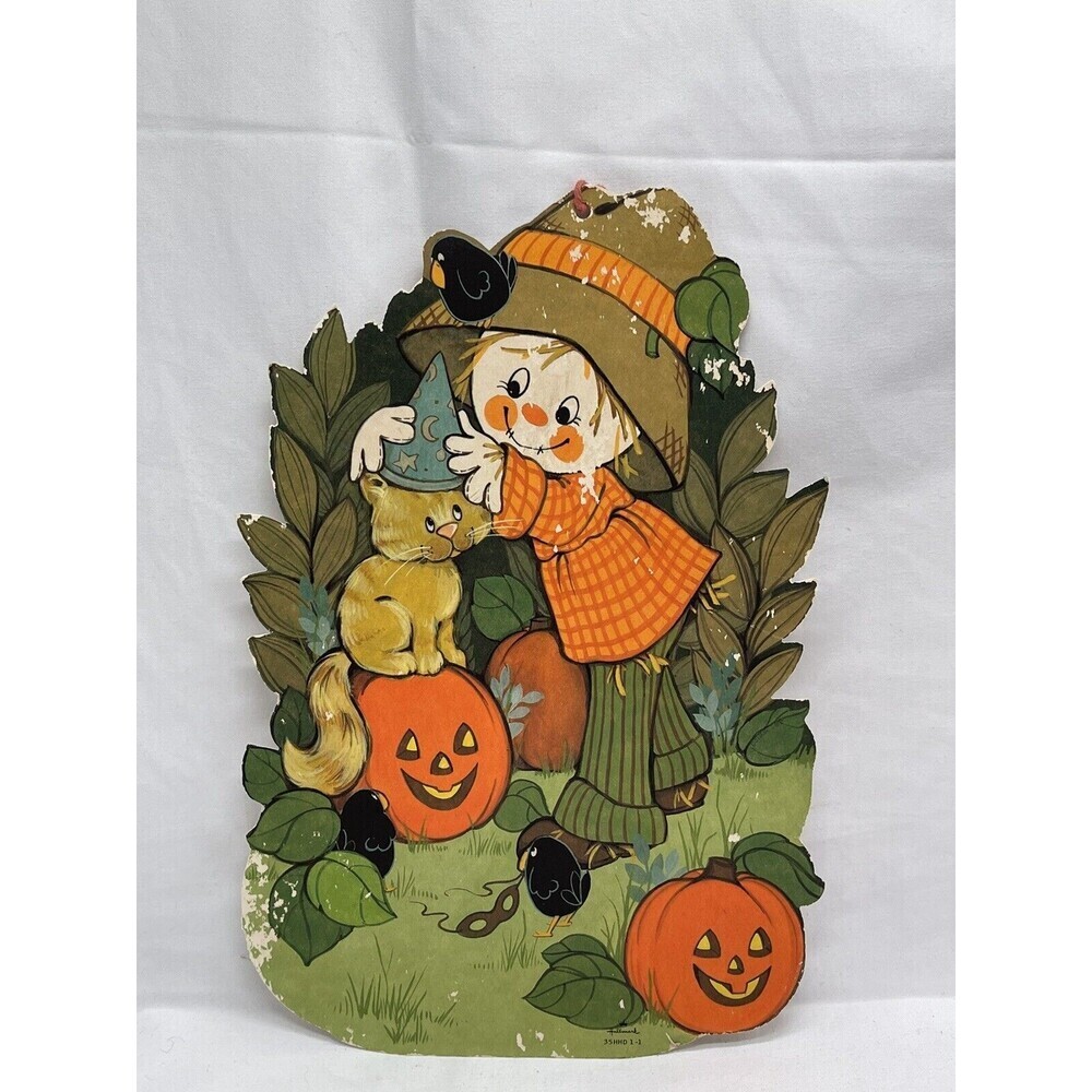 Vintage Hallmark Halloween Scarecrow Pumpkin Crow Kitty Cat Wall Decoration 12”